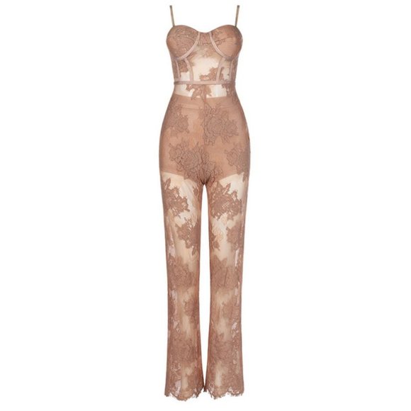 NUDE LACE BANDAGE JUMPSUIT BEIGE CORSET PANTSUIT - Picture 5 of 10